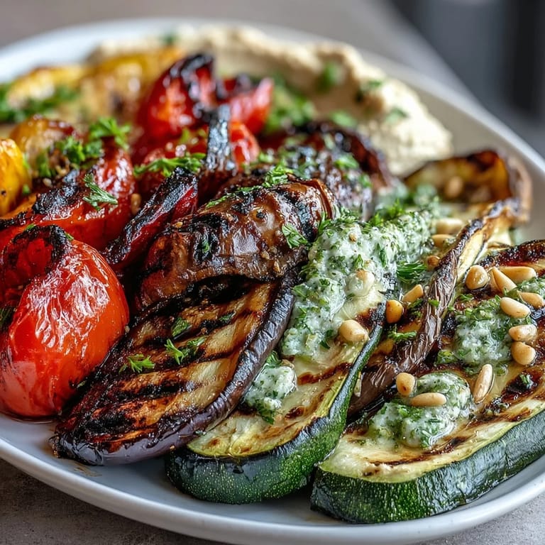 Grilled veggie platter with hummus, featuring tender zucchini, peppers, and eggplant, served with smooth, homemade chickpea dip.  