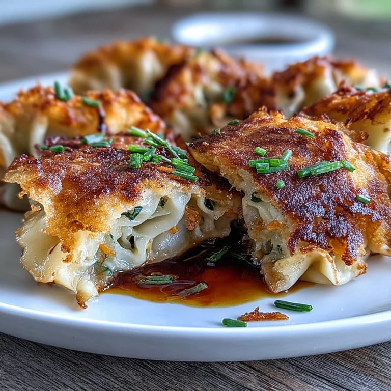 Savory cabbage-filled dumplings with crispy bottoms, paired with a tangy ginger soy dipping sauce for an Asian fusion appetizer.