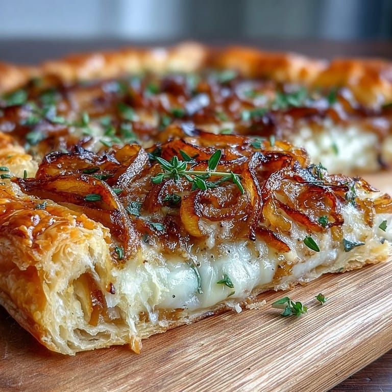 Crispy puff pastry base topped with sweet caramelized onions, nutty Gruyère, and fragrant thyme in this elegant French-inspired tart.