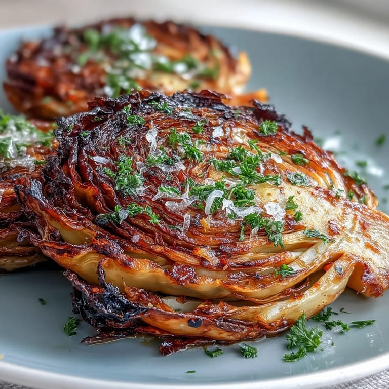 Thick slices of cabbage caramelized in the oven with olive oil, garlic, and paprika, finished with a bright squeeze of lemon juice.