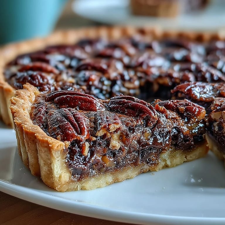 Kentucky Derby Chocolate Bourbon Pecan Tart with bourbon-infused filling, toasted pecans, and melted chocolate in buttery crust.