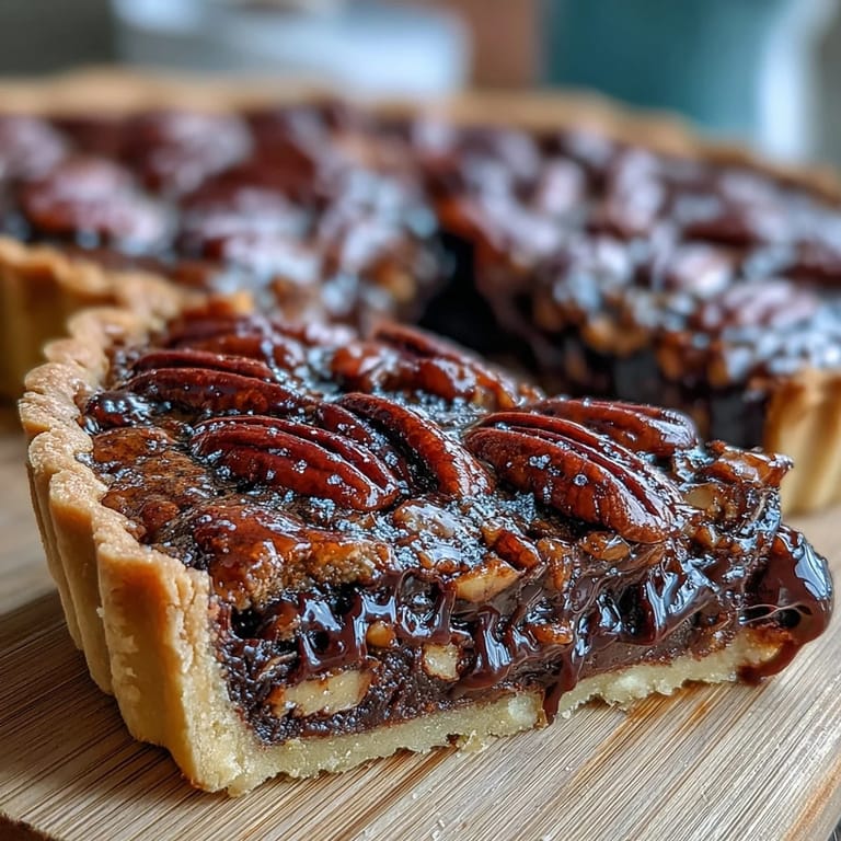 Slice of Kentucky Derby Chocolate Bourbon Pecan Tart topped with whipped cream and drizzled with chocolate sauce.