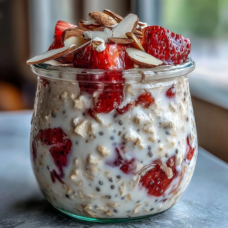 Vanilla-infused oats layered with juicy strawberries and crunchy almonds for a delightful morning treat.