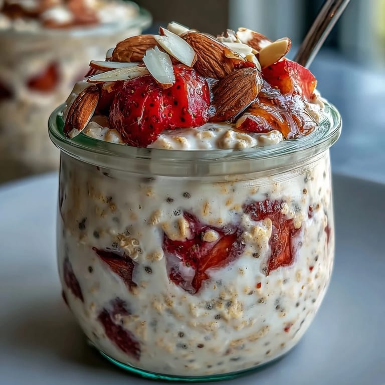 A jar of strawberry vanilla overnight oats, featuring creamy oats, fresh berries, and a touch of sweetness.