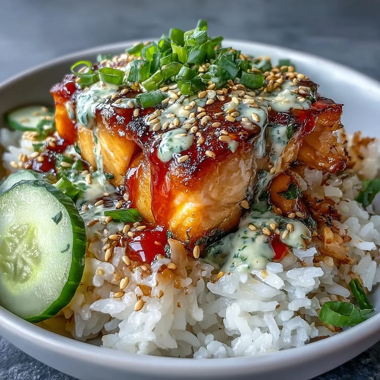 Creamy spicy mayo salmon rice bowl featuring warm rice topped with marinated salmon, crunchy cucumber, and a drizzle of zesty Sriracha mayo sauce.  