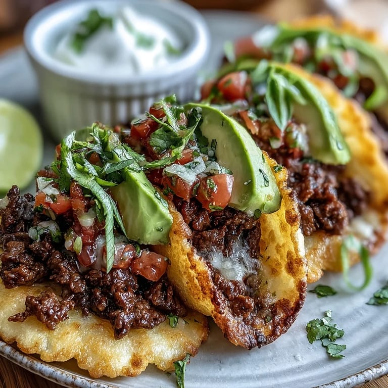 Low-carb cloud bread taco shells cradle seasoned beef and vibrant pico de gallo, offering a light yet satisfying meal.  