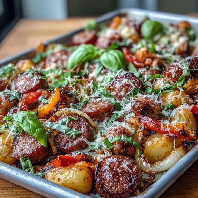 A colorful one-pan meal featuring crisped gnocchi, savory sausage, and tender bell peppers, topped with Parmesan for a comforting Italian-American dinner.  