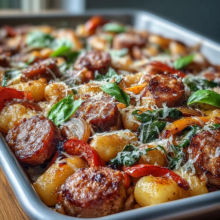 Roasted Sheet Pan Gnocchi with Sausage and Peppers - hearty gnocchi, spicy sausage, and caramelized vegetables tossed with herbs and cheese for a quick, satisfying meal.