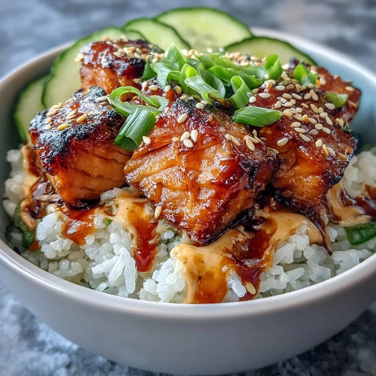 Flavorful salmon rice bowl with spicy mayo, fresh cucumber slices, and toasted sesame seeds, creating a colorful and satisfying Asian-inspired meal.