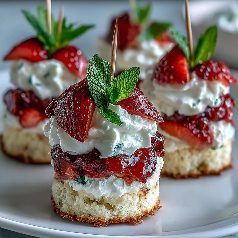 Delicious mini strawberry shortcake bites are perfect for parties, stacked with cream.
