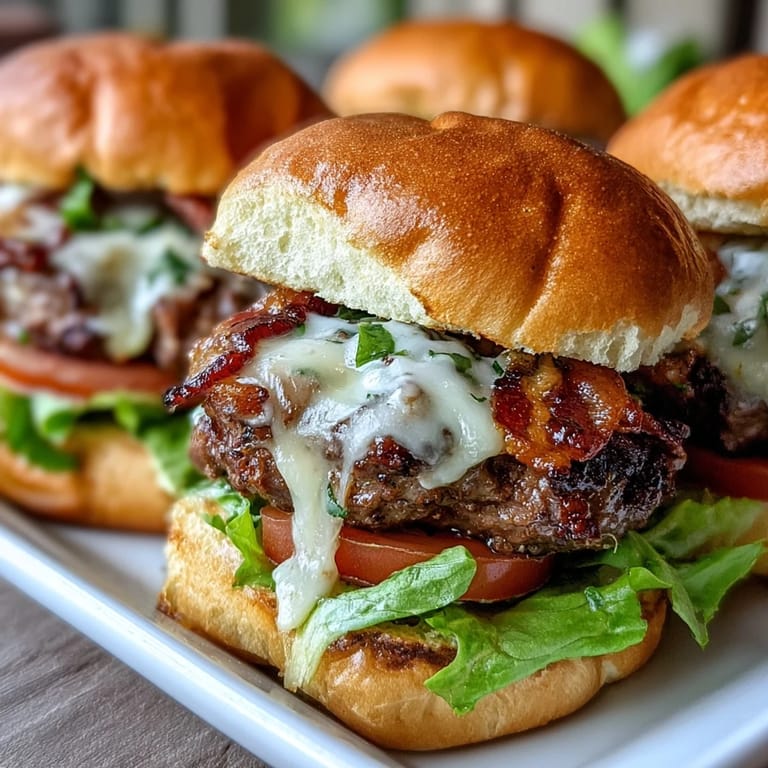 Juicy sliders piled high with crispy bacon, perfect for a backyard BBQ.