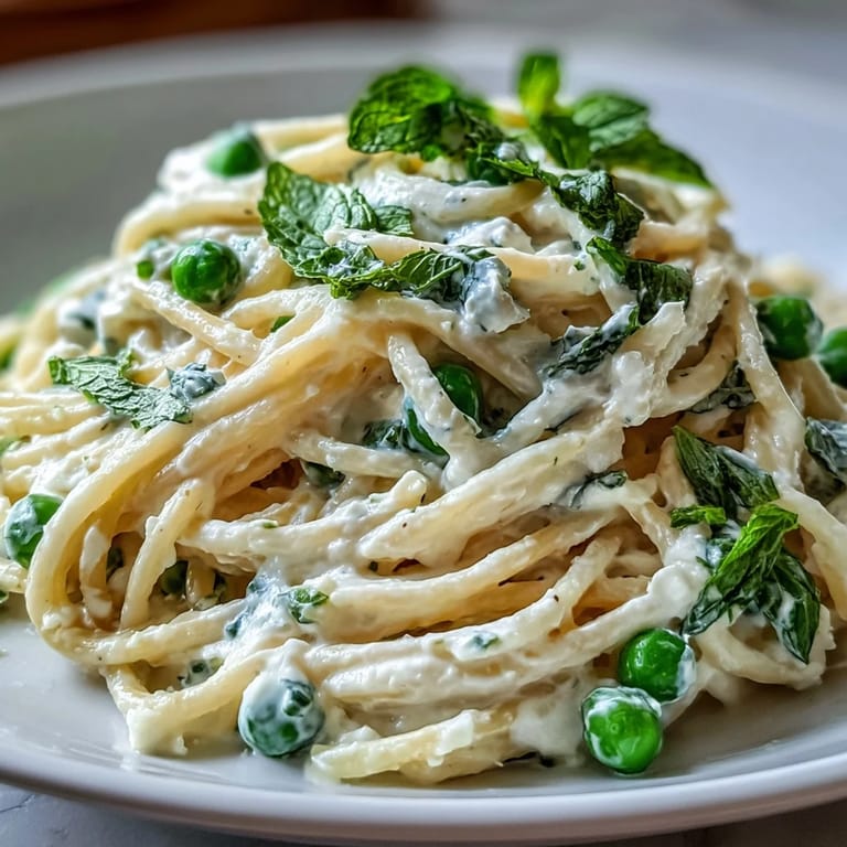 Gorgeous bowl of Lemon Ricotta Pasta with vibrant green peas and fresh mint garnish.
