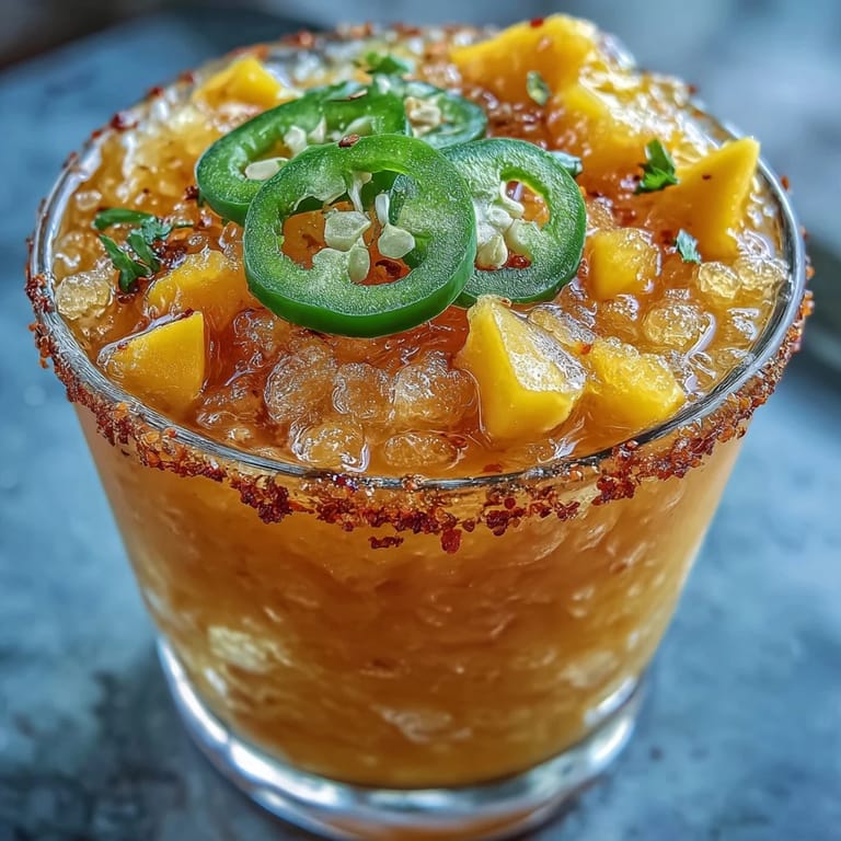 Enjoy this frosty, guilt-free spicy mango margarita, a sweet and zesty treat.