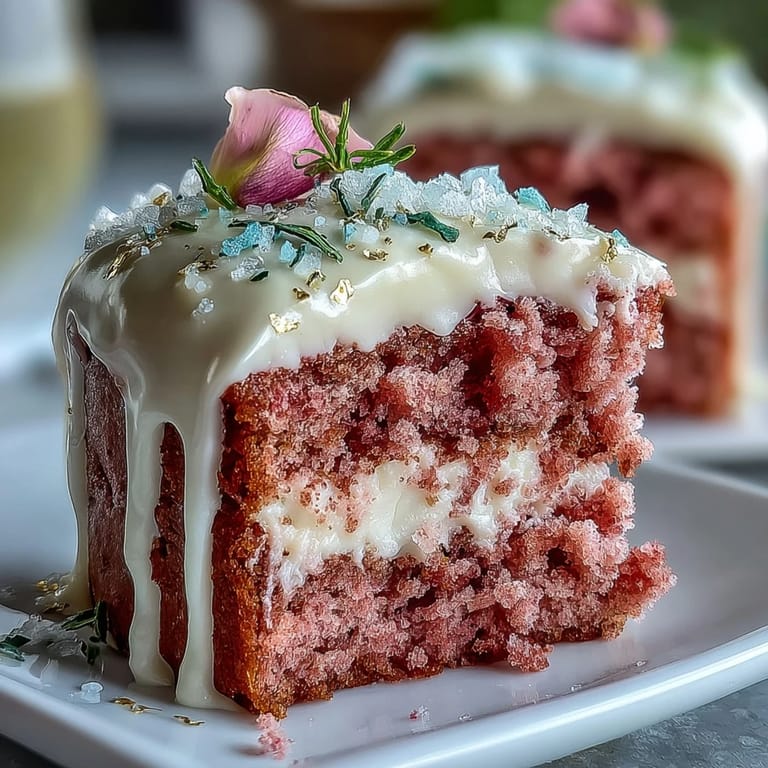A showstopping Bridal Shower Rosé Velvet Cake looks decadent with its gold accent.