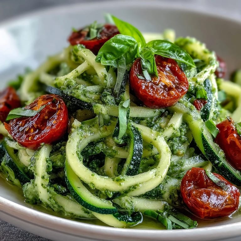 Close-up of Zucchini Noodles with Avocado Pesto, showing fresh herbs and creamy sauce.
