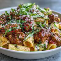 One-Pot Creamy Red Wine Sausage Pasta steams in a deep pot, featuring browned sausage crumbles and red bell peppers in a rich red sauce.