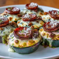 Keto Pepperoni Zucchini Pizza Boats with Mozzarella Melt: golden-baked zucchini halves stuffed with savory pepperoni, melted cheese, and tangy tomato sauce.  