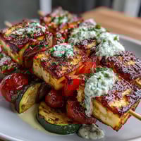 Grilled veggie and halloumi skewers with herb yogurt sauce, perfect for a colorful vegetarian barbecue.