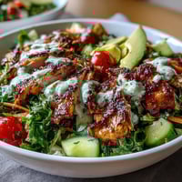 Light Chicken Shawarma Salad Bowls with Lemon Tahini Drizzle: vibrant bowl with spiced grilled chicken, crisp veggies, and creamy lemon tahini sauce.  