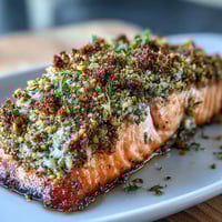 A golden pistachio-crusted salmon filet with fresh herbs, served with lemon wedges for a vibrant, nutty finish.