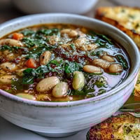 Creamy Tuscan white bean soup with tender vegetables and aromatic herbs, served with golden garlic bread for a cozy meal.  
