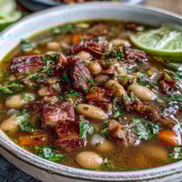 Hearty ham and pinto bean soup in a rustic bowl, garnished with fresh cilantro and lime wedges.  