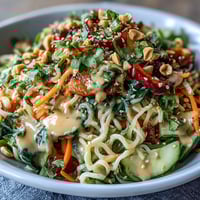 Vibrant Asian Spring Roll Bowl with Peanut Sauce topped with crisp vegetables and creamy peanut dressing.  