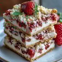 Soft strawberry cookie bars with white chocolate chunks, baked golden and dotted with fresh berries.  