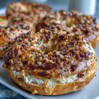 High-protein Greek yogurt bagels topped with savory everything seasoning, golden and chewy, perfect for a healthy breakfast or snack.