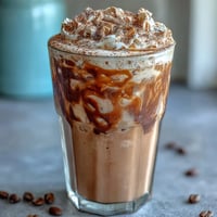 Creamy vanilla bean frappuccino protein shake with vanilla specks and whipped cream, perfect for a refreshing post-workout treat.  