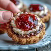 Buttery clotted cream sugar cookies with vibrant strawberry jam centers, perfect for elegant teatime or sweet gatherings.