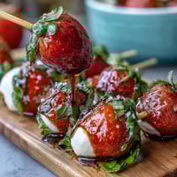 Fresh strawberry caprese skewers with creamy mozzarella, basil, and balsamic drizzle on a white platter.