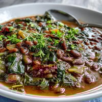 Hearty bowl of soul food black-eyed pea and collard green stew with smoky broth and tender vegetables.