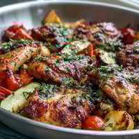 Healthy Easy One-Pan Lemon Chicken and Veggie Bake with colorful vegetables and a zesty marinade, perfect for a quick weeknight dinner.  