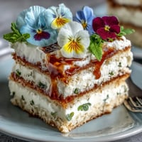 Spring cake with pressed edible flowers and lemon curd, featuring a light sponge layered with tangy citrus filling and delicate floral decorations.