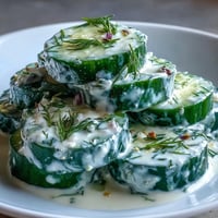 Creamy Cucumber Dill Salad with crisp cucumbers in tangy dressing, garnished with fresh dill.