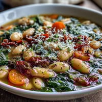 Creamy Tuscan white bean and spinach soup with tender vegetables and Italian herbs, perfect for a comforting vegetarian meal.  