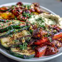Vibrant grilled vegetable platter with creamy hummus, colorful seasonal veggies, and fresh herbs—perfect for healthy summer meals.  