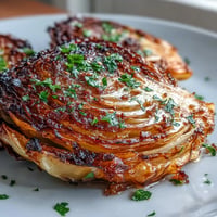 Golden roasted cabbage steaks seasoned with garlic and smoked paprika, served with fresh lemon zest and parsley. A vibrant vegan side dish or light main.