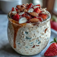 Creamy overnight oats topped with fresh strawberries and a drizzle of honey, perfect for a healthy breakfast.