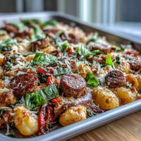 Sheet Pan Gnocchi with Sausage and Peppers - golden gnocchi, juicy sausage, and sweet roasted peppers all baked together for an easy, flavorful dinner.  