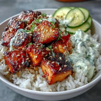 Vibrant spicy mayo salmon rice bowl with tender salmon cubes, creamy Sriracha mayo, crisp cucumber, and toasted sesame seeds over fluffy rice.  