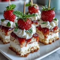 Mini strawberry shortcake bites stacked on skewers, a sweet summery dessert.
