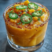 Spicy mango margarita frozen in a glass, ready for a refreshing sip.