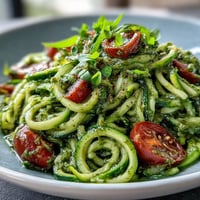 Zucchini Noodles with Avocado Pesto: vibrant green noodles coated in creamy, herby goodness.